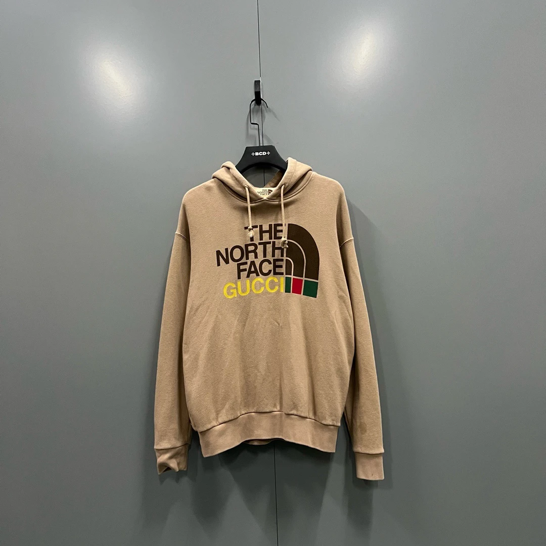 95新 GUCCI/古驰 c216 古驰 × 北面 棕色logo帽衫 XS油渍