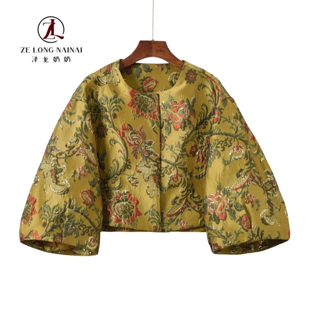 522 新中式国色天香牡丹提花黄色短外套