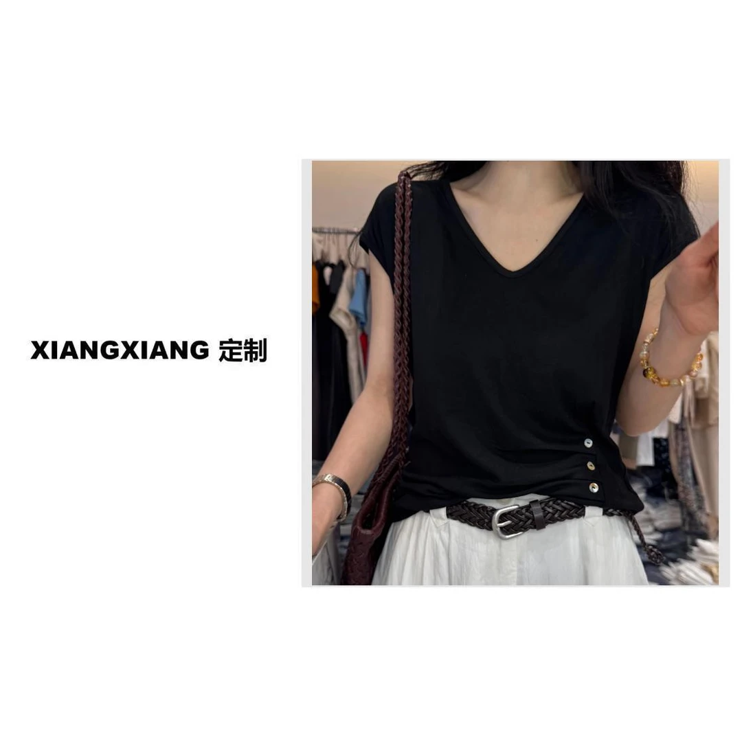 香香老板娘定制三扣褶皱V领上衣#99432