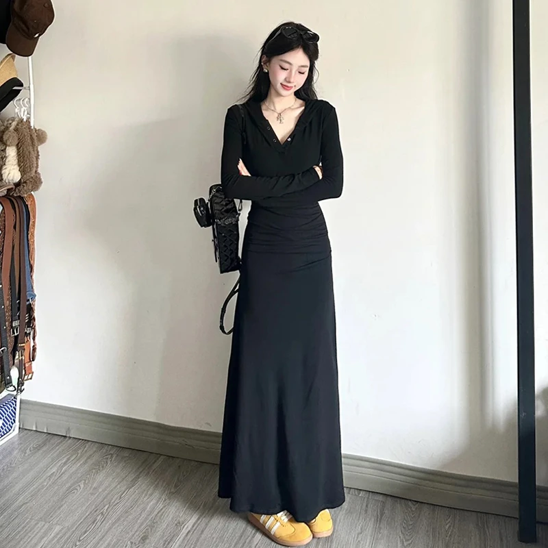 高级感黑色长袖气质连衣裙子女早秋季2025新款小众超好看长裙4996