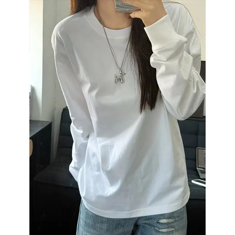 白色纯棉长袖重磅束口百搭T恤男女秋冬内搭简约打底衫上衣圆领