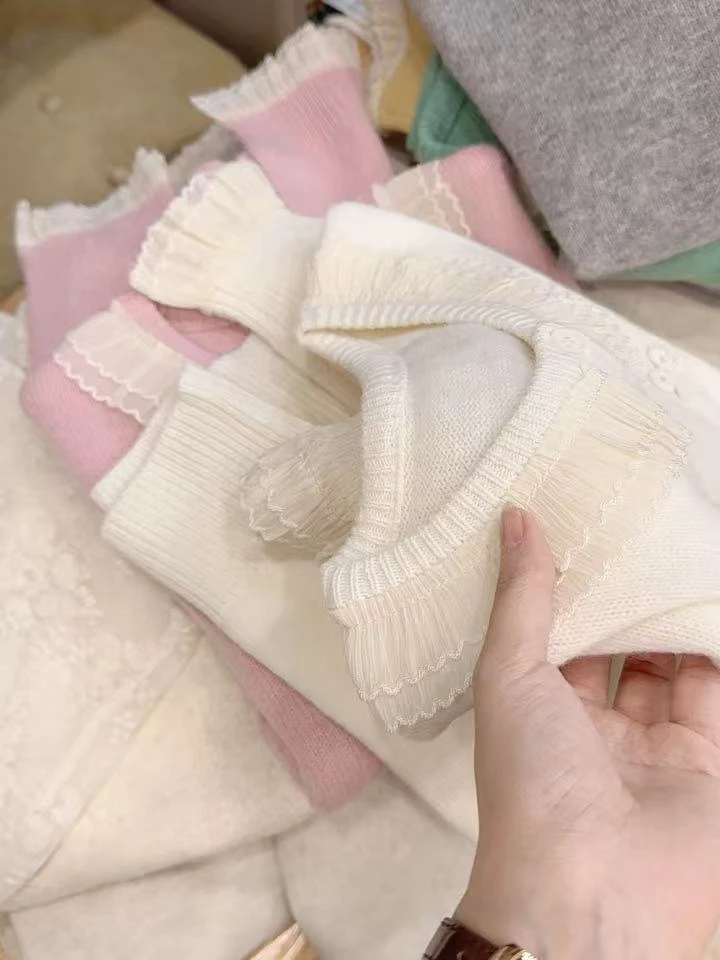 七言家高货100%羊！米白蕾丝蝴蝶结花边领毛衣开衫088@