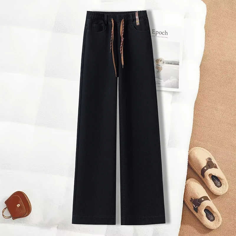 黑色松紧高腰休闲牛仔裤女2025秋冬加绒加厚宽松抽绳阔腿直筒裤