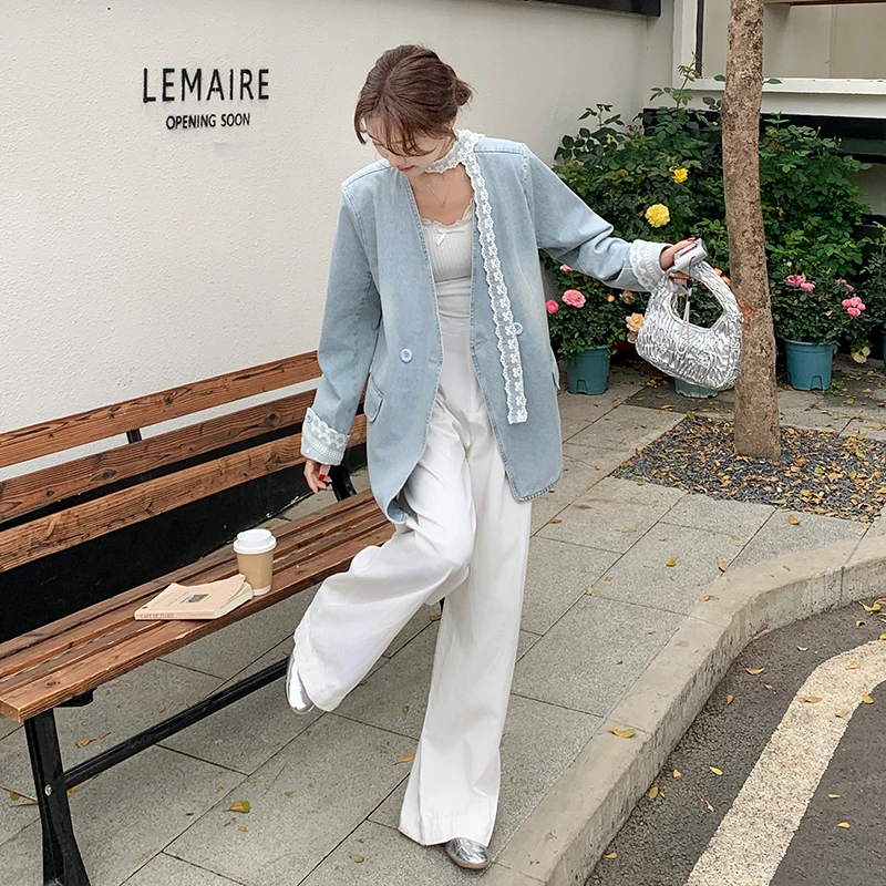 今年流行气质名媛高级感蕾丝拼接西装外套女2025春季新款休闲牛仔