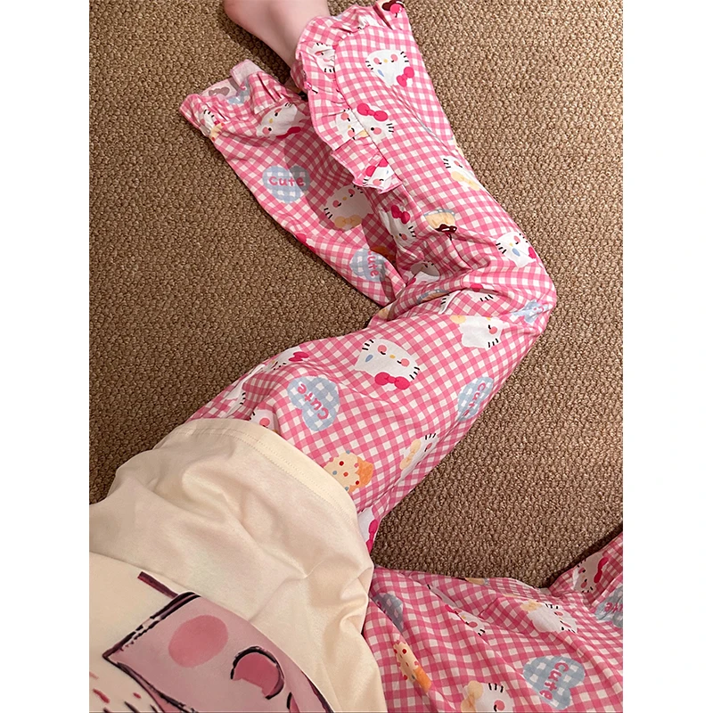 少女可爱卡通凯蒂猫印花睡衣女夏季新款短袖长裤家居服套装可外穿