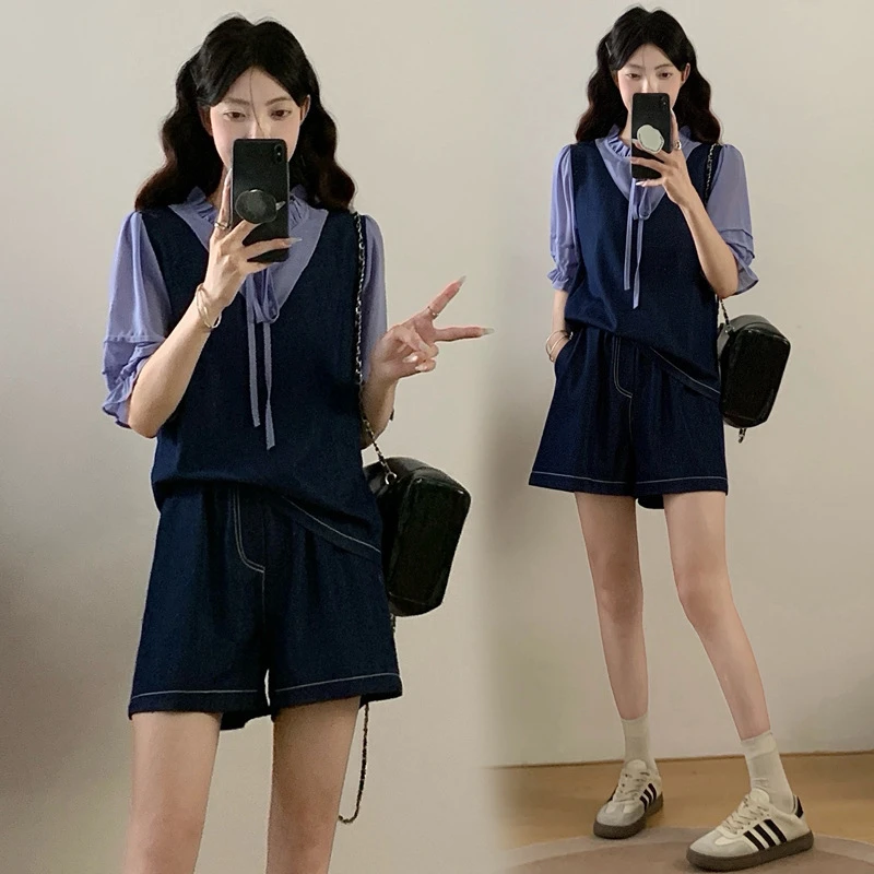 ymjdm80627时尚气质通勤拼接假两件上衣显瘦宽松套装2025夏季女装