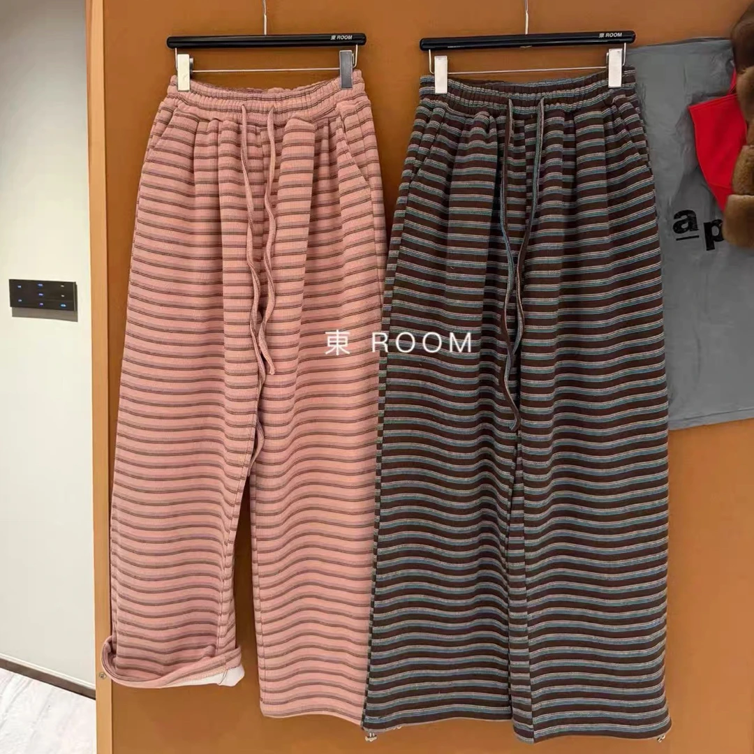 【東Room】2025年冬季新款加绒抽绳条纹裤女阔腿裤