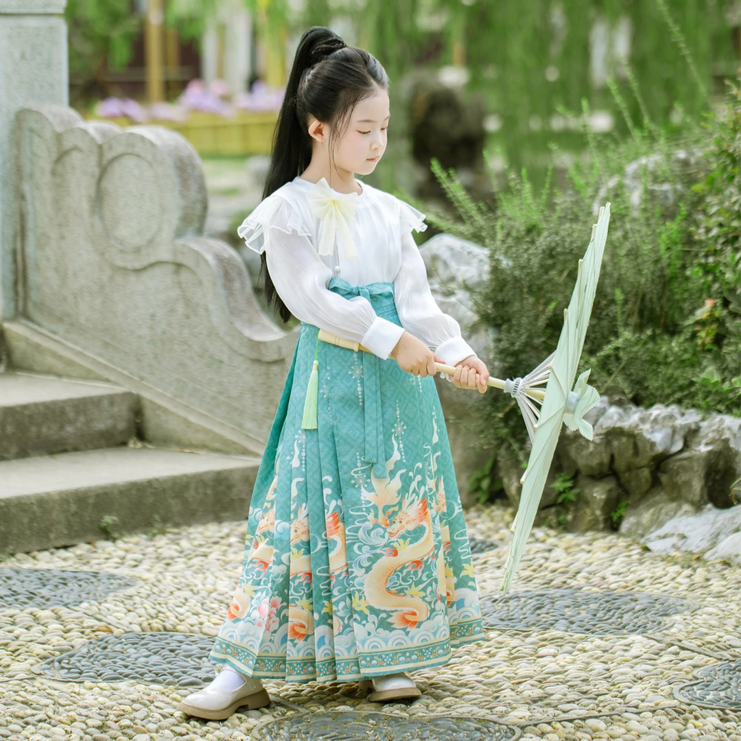 著纱.若水 儿童马面裙国风汉服青绿色裙子古风演出服男女同款古装