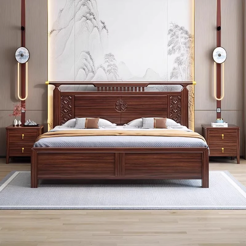 新中式乌金木实木床1.8米双人床主卧1.5米现代简约气压储物管帽床