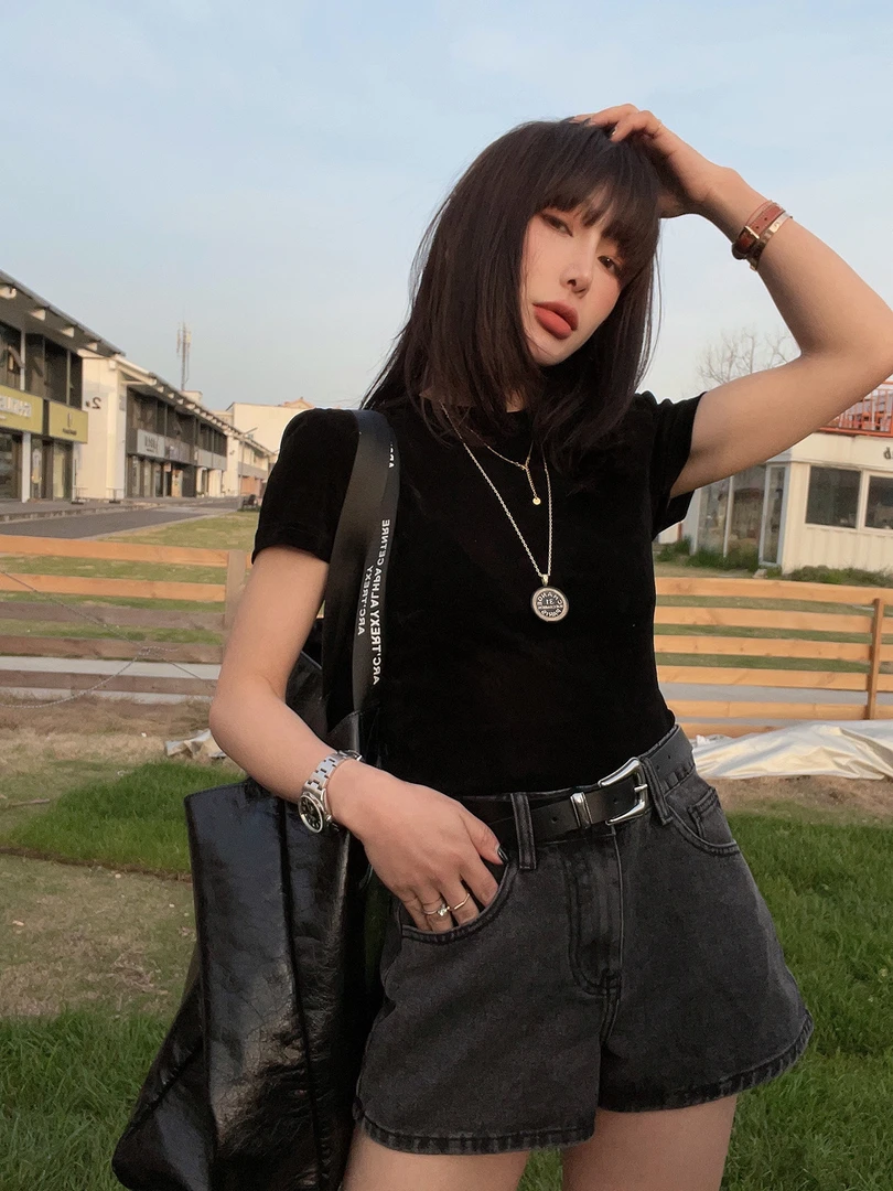 牛仔短裤.夏季新款小个子辣妹风高腰裤子显瘦牛仔A字美式短裤女
