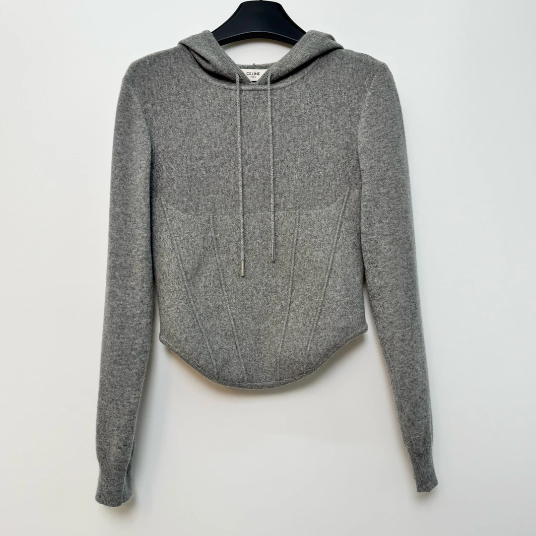 99新 Celine/思琳 D500466/灰色连帽山羊绒卫衣/xs码