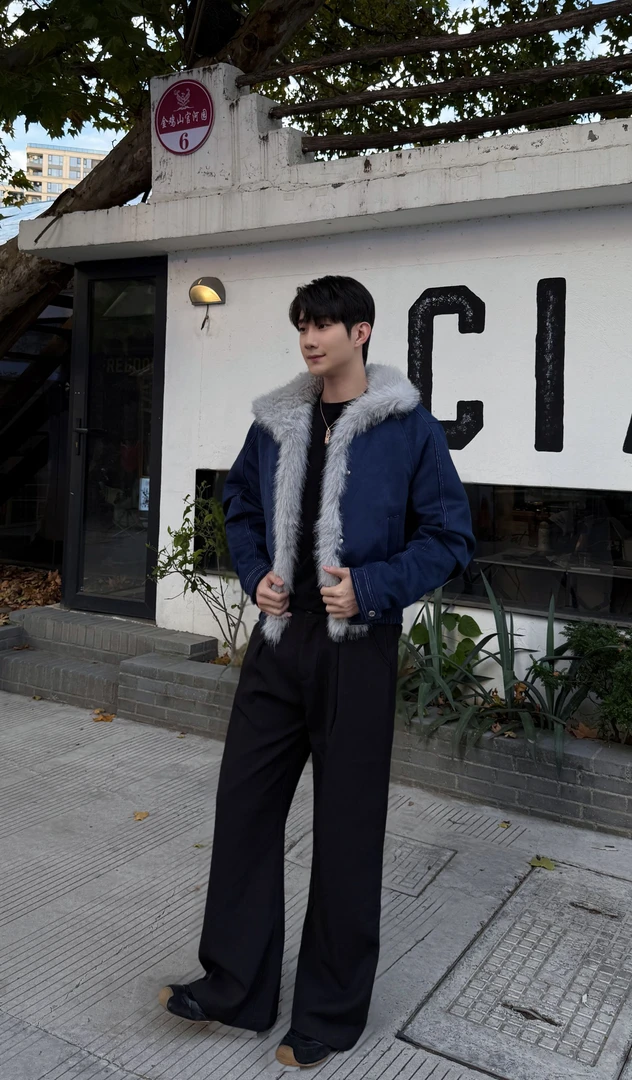 冬季设计感座山雕麂皮感美式短款毛领夹克保暖秋冬复古高级感外套