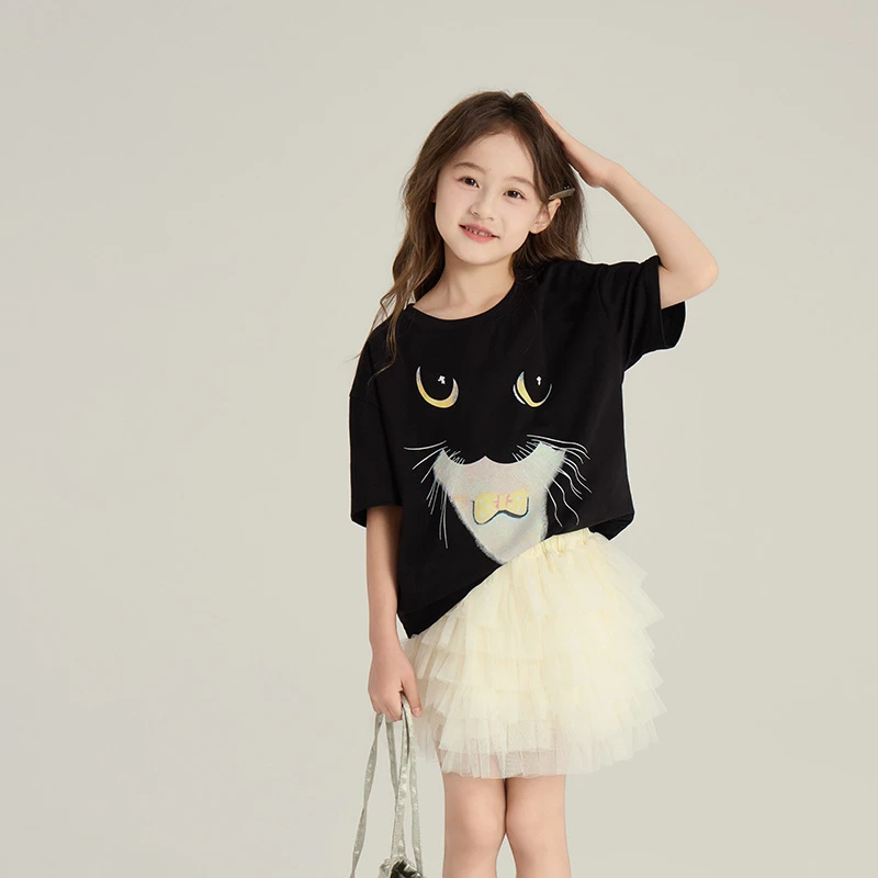 【清货】女童卡通猫咪短袖夏季儿童百搭宽松上衣圆领T恤25C198