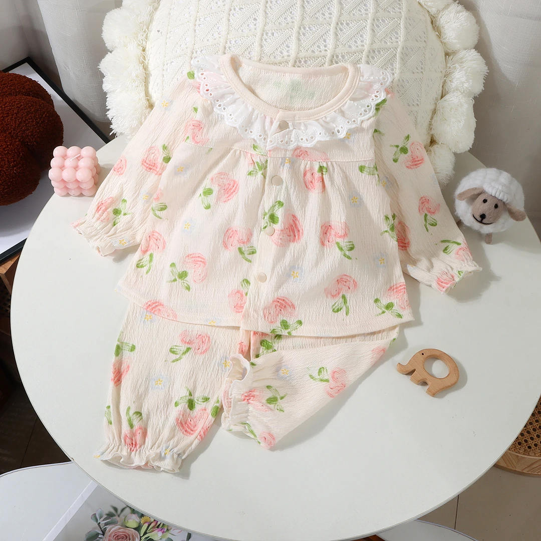 儿童春夏薄款九分皱皱棉套装宝宝洋气家居服女孩宽松春季童空调服