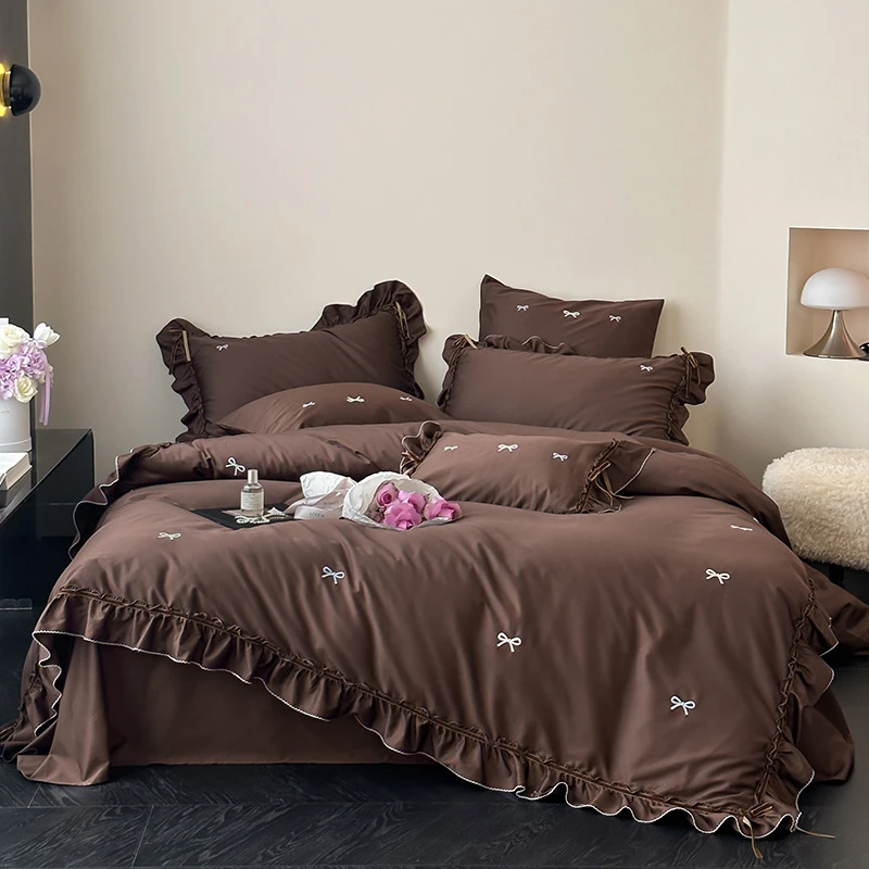 皇后娘娘  法式轻奢长绒棉全棉四件套公主风贡缎刺绣纯棉床单被套