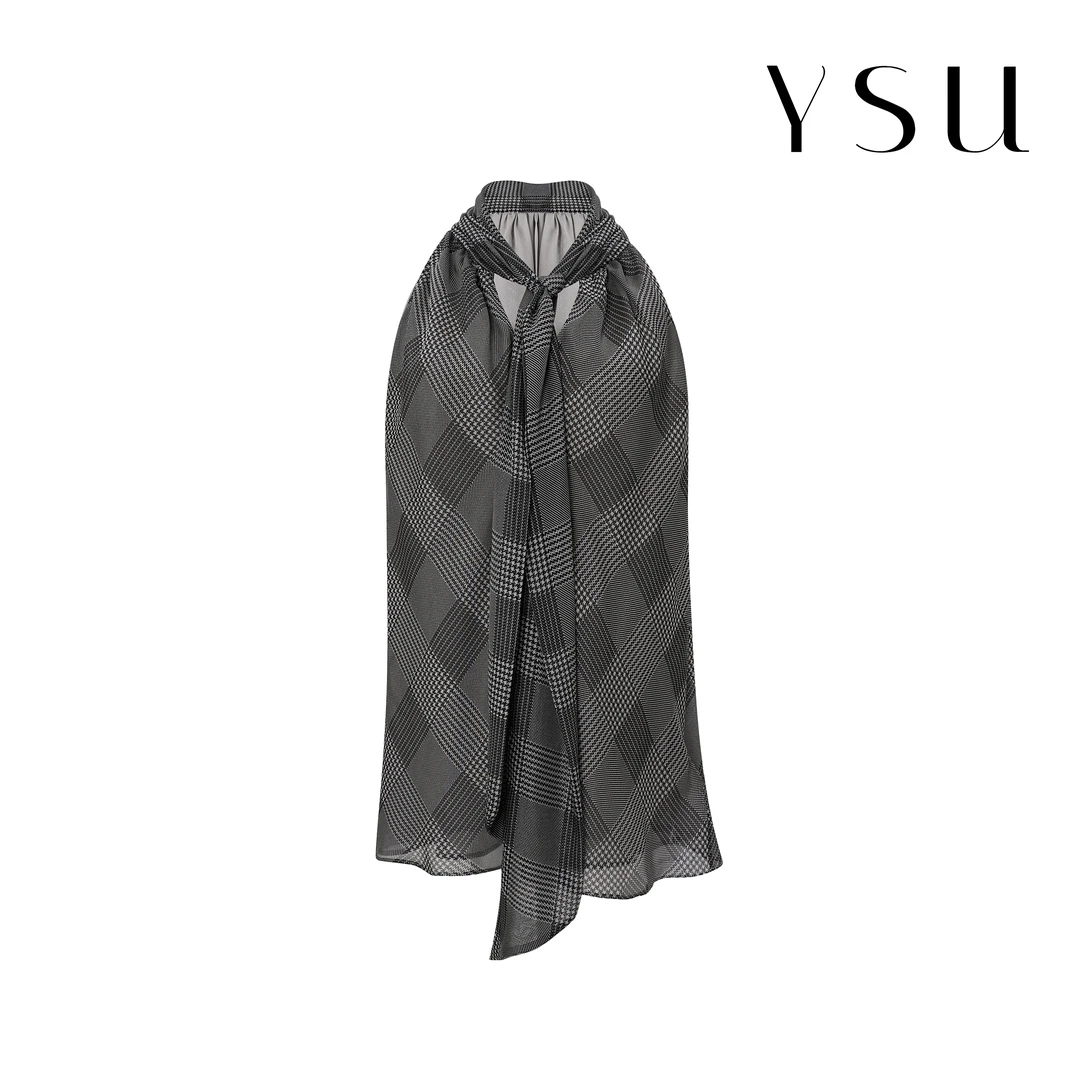 YSU【余书】“一寸一裁”格纹八字肩无袖飘带上衣Y303635