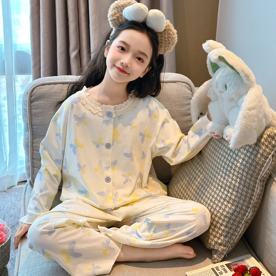 女童睡衣春秋季长袖纯棉家居服中大童可爱甜美小女孩开衫秋款套装