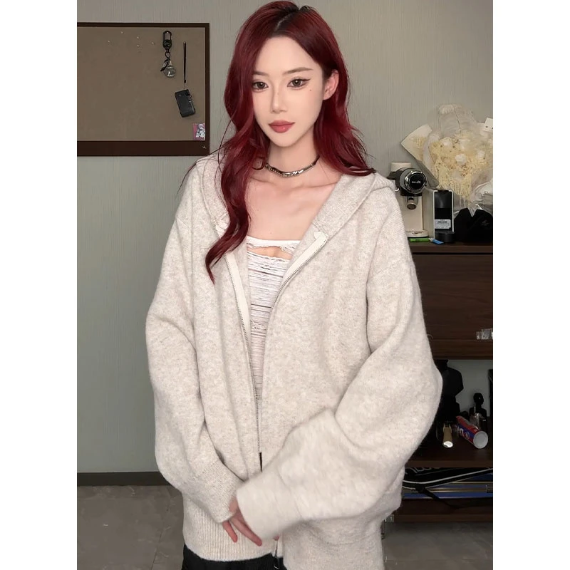 cleanfit高级慵懒风开衫连帽针织毛衣简约款纯色男女休闲外套上衣