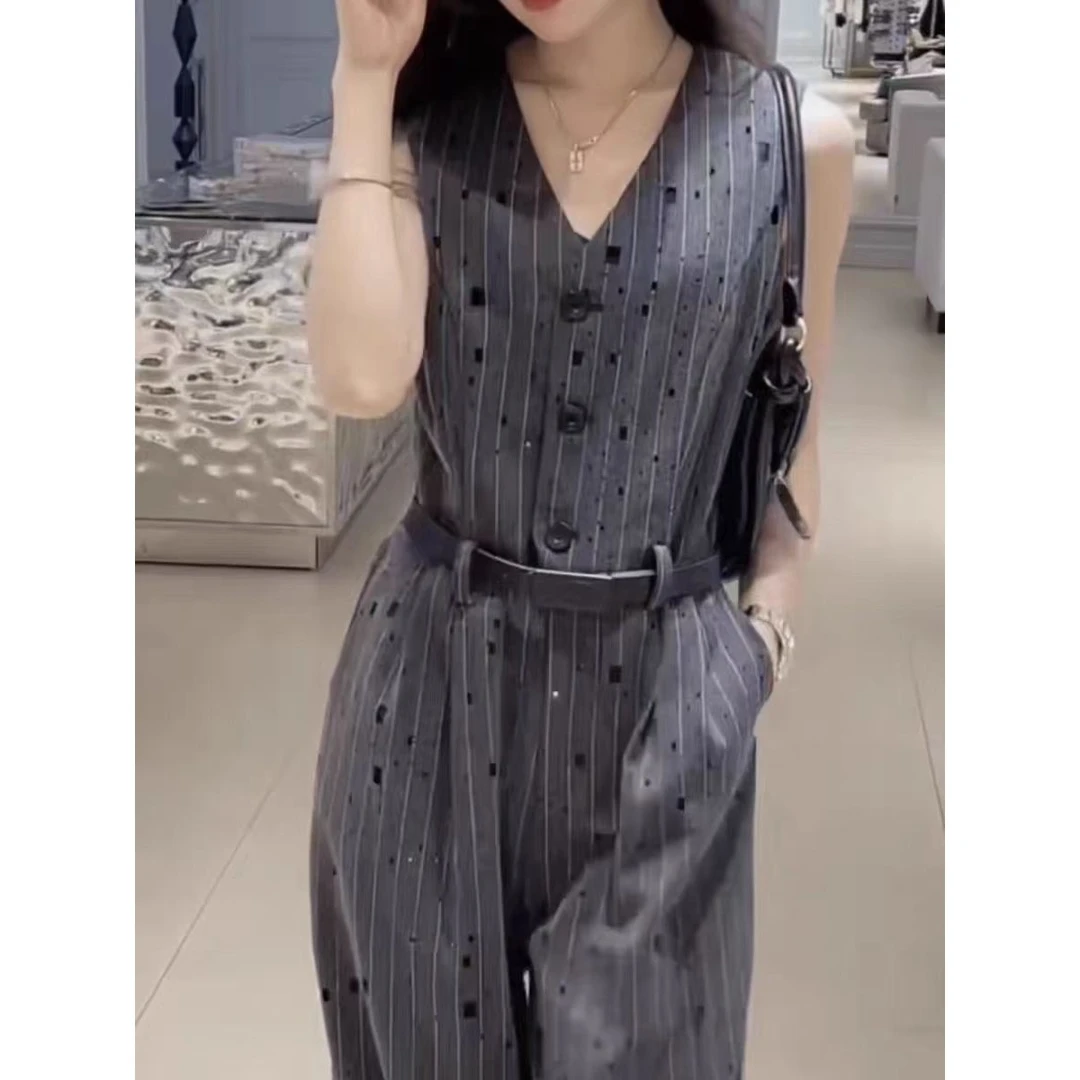 设计师款小众高级感条纹烫钻破洞条纹连体裤女夏季新款