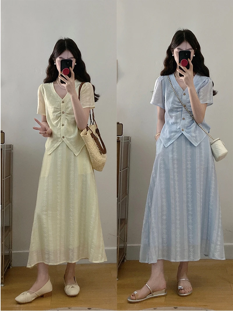 2025夏装新款胖mm大码女v领提花不规则短款中长款半身裙套装22544