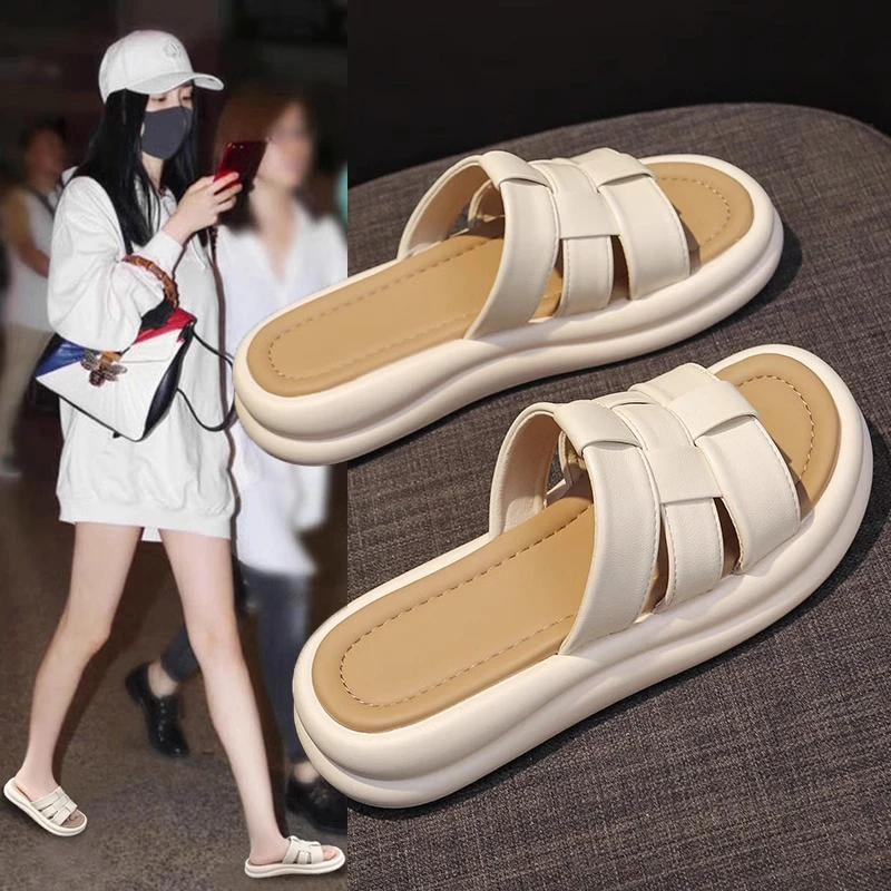 SHOEBOX鞋柜2025夏款网红编织拖鞋女外穿厚底一字拖休闲沙滩凉拖