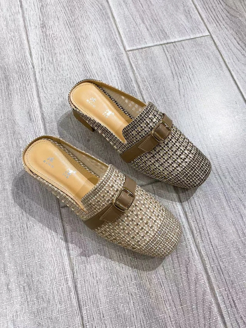 冰洁包头镂空低跟包头拖方头包头时尚凉拖平底凉鞋夏季百搭休闲