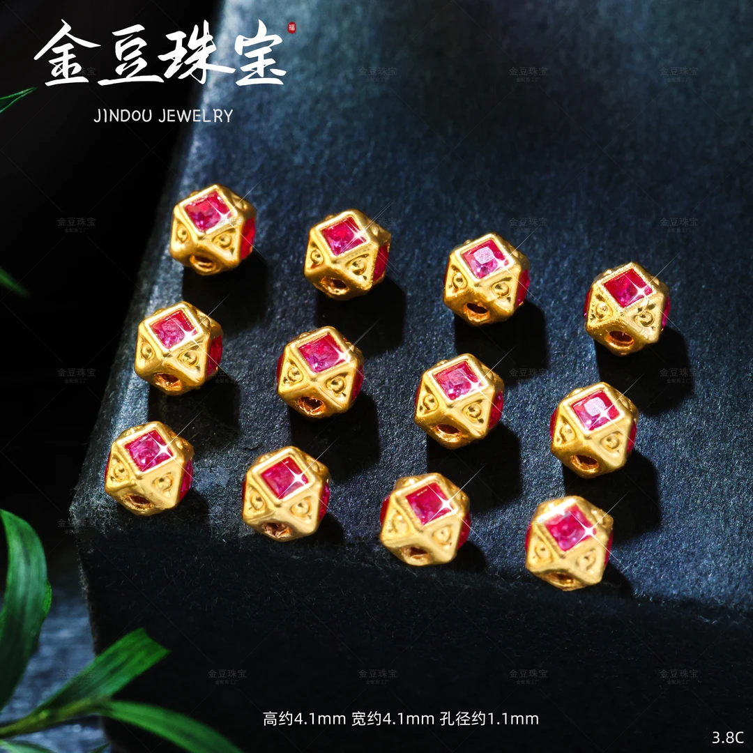 【金豆工厂】18K金豪镶红色八棱珠隔珠万向轴弟子珠手串项链（厚5D金