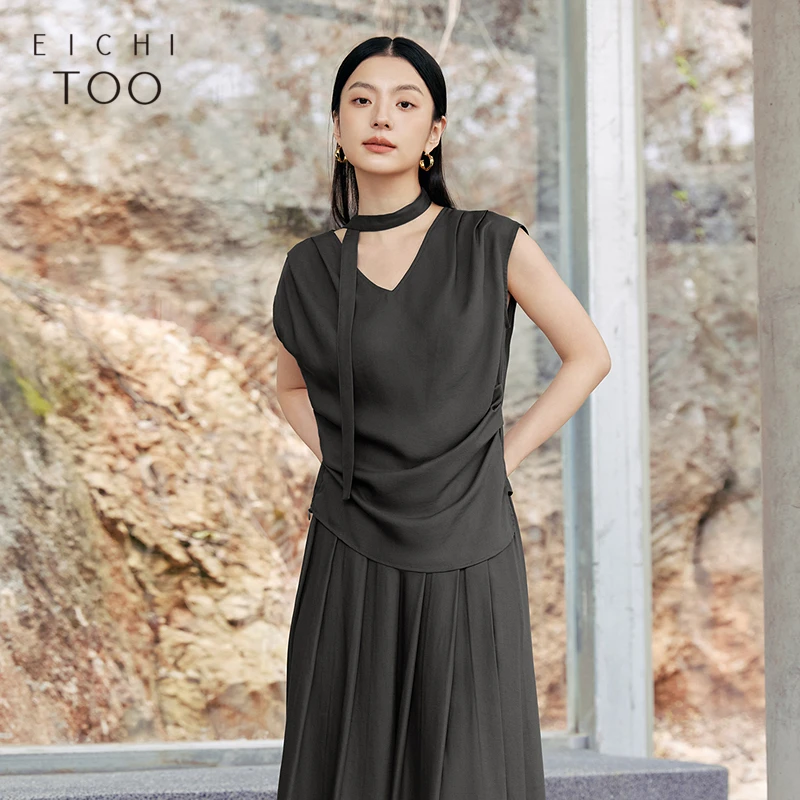 A爱居兔25夏季柔软舒适雪纺衫简约干净挂脖套装上衣ETEAJ2Q005A