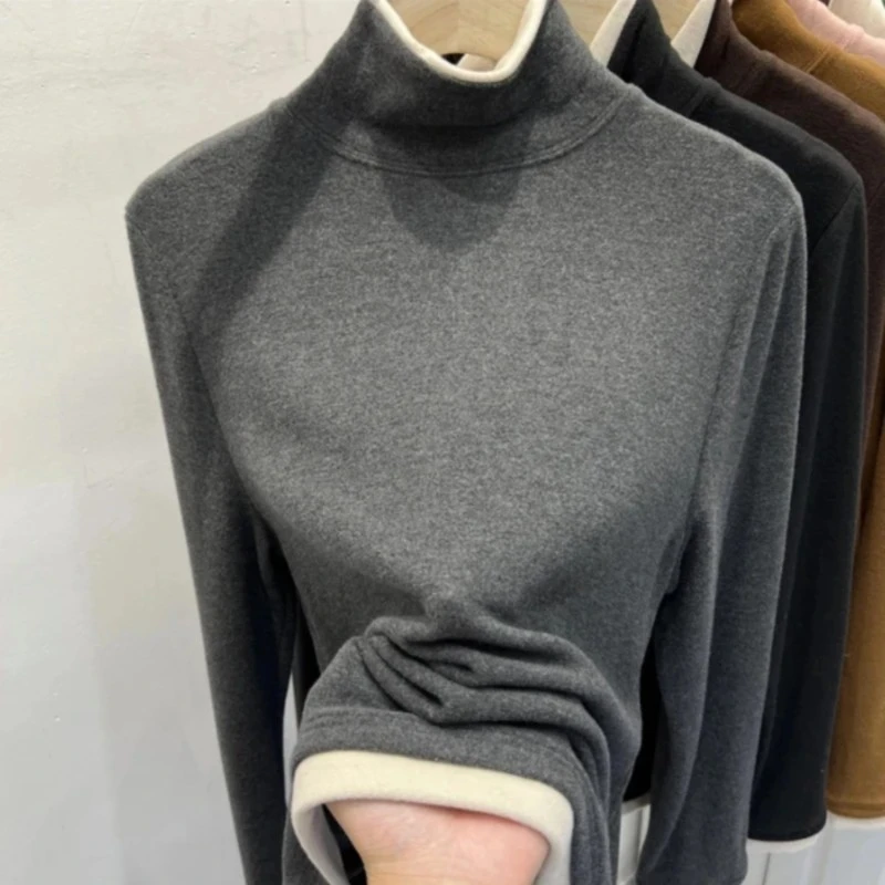 冬季双面德绒打底衫女秋冬季宽松保暖大码半高领上衣内搭长袖t恤