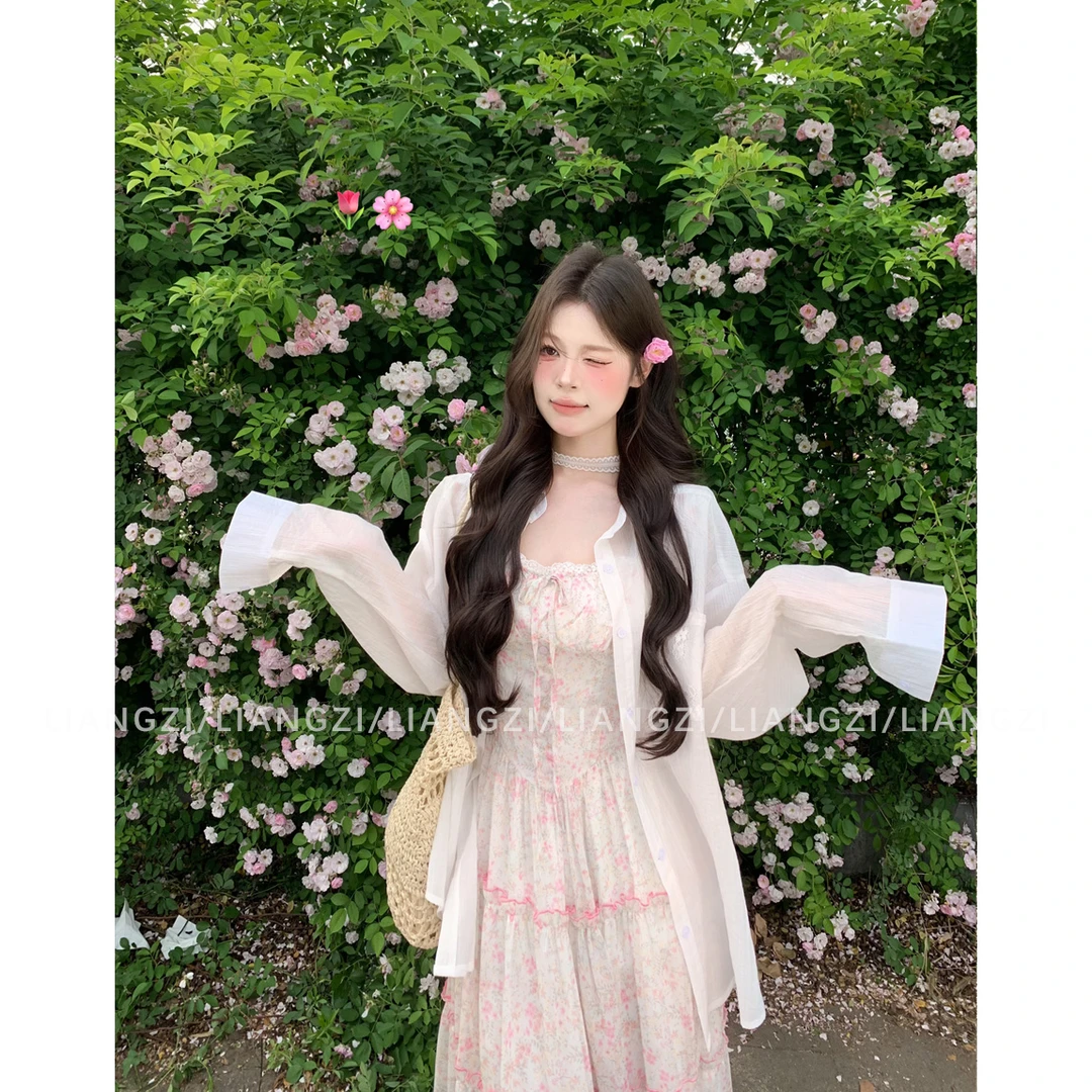 梁子【粉黛星河】夏季粉色小碎花可拆卸袖长裙/粉色蝴蝶结外套