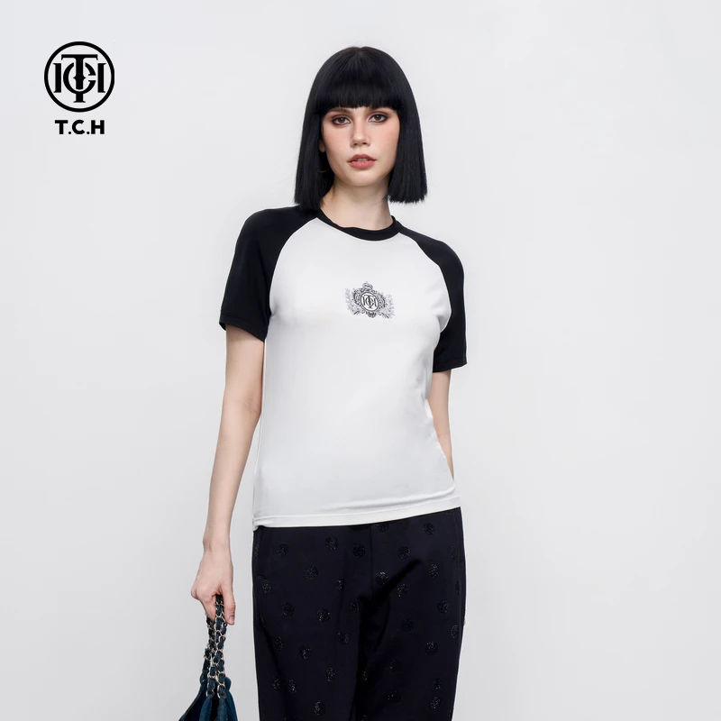 TCH服饰店-美式拼色烫钻小众显瘦百搭短袖T恤上衣女T75B106108