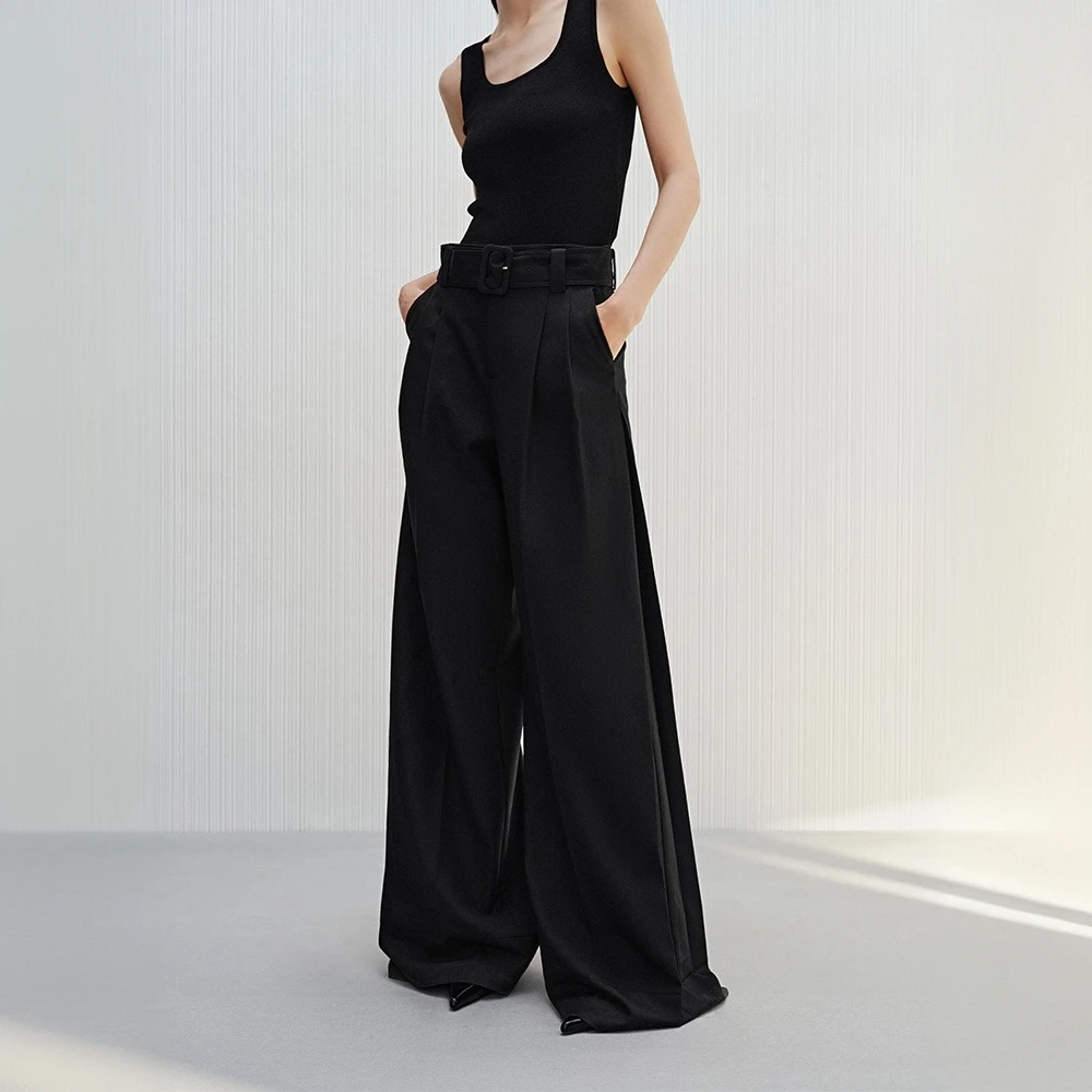 艾诺丝商场同款2025早秋宽松百搭高腰微弹力阔腿裤黑色西装裤3002