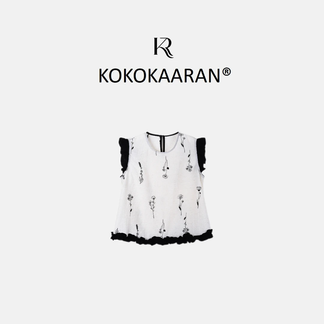 kokokaaran/可可咔伦【花束刺绣坎肩】苎麻混纺木耳边上衣250566