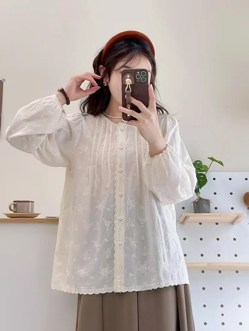 9919#韩系提花刺绣蕾丝泡泡袖娃娃领长袖衬衣时尚休闲