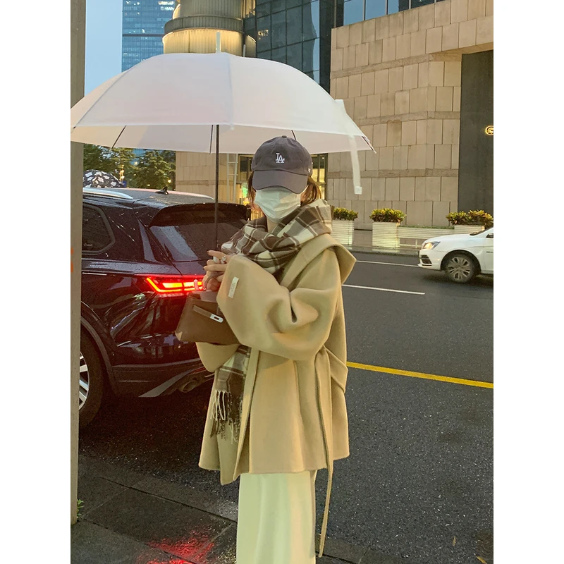 大小姐77 极简时髦休闲100羊毛连帽双面呢外套大衣