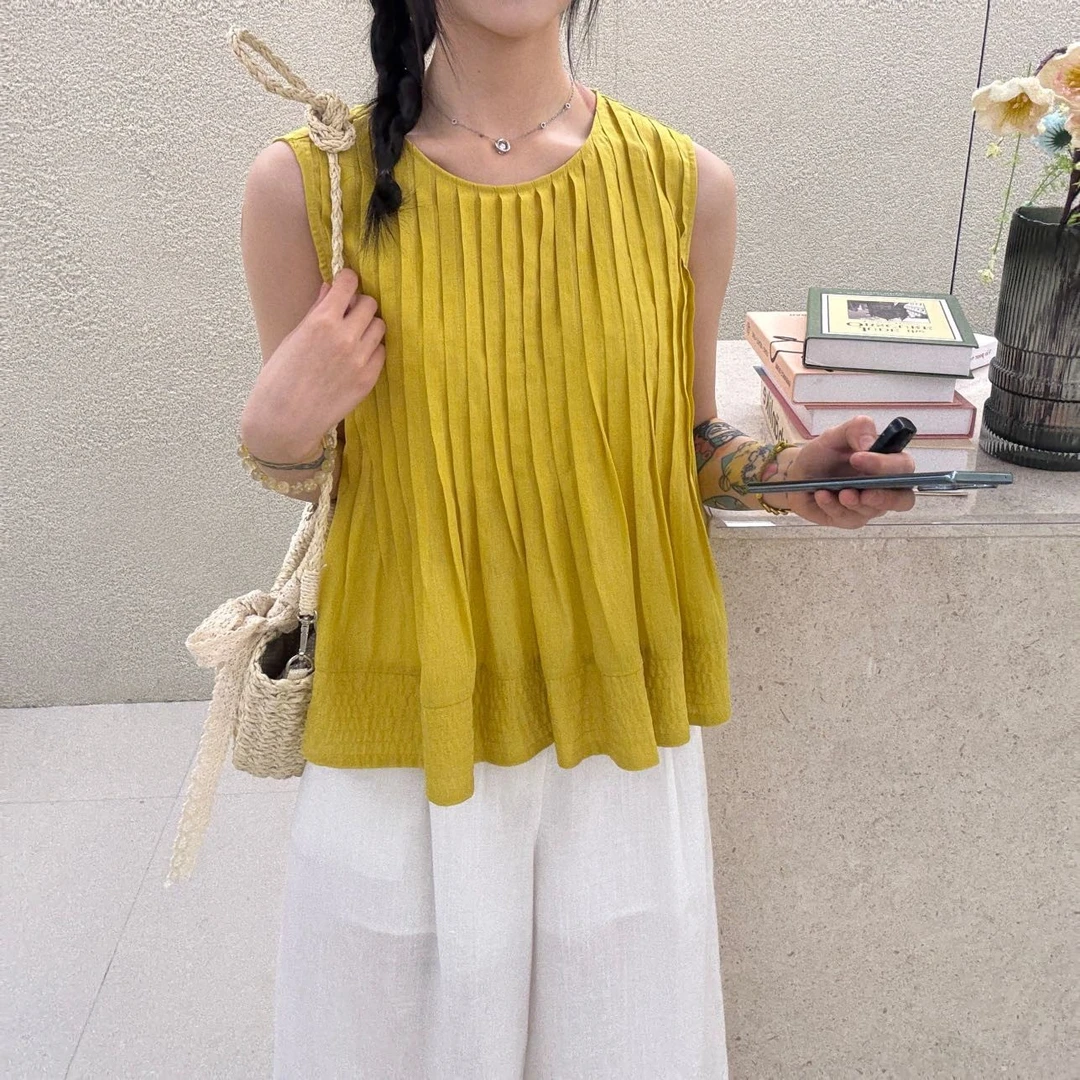 MISS RUILI  定制  夏季小清新无袖打褶圆领娃娃衫F0641