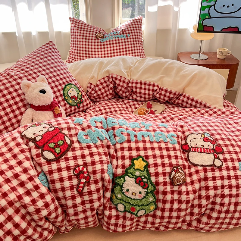 圣诞猫咪双面牛奶绒四件套入冬加厚法兰绒被套床单床上用品三件套