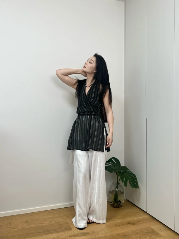 ASWEE-挂脖条纹绑带上衣