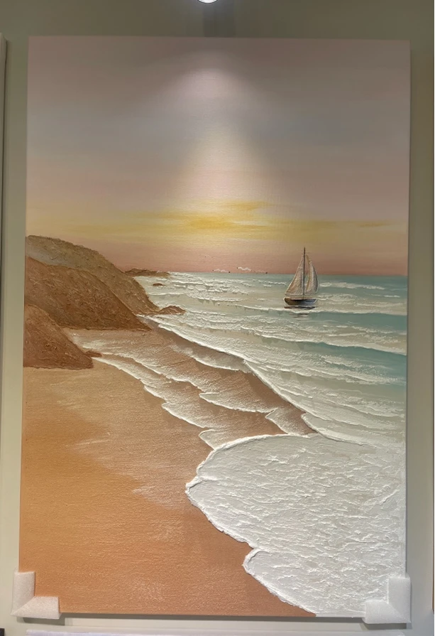 奶油风手绘厚肌理油画日出客厅玄关沙发背景墙挂画