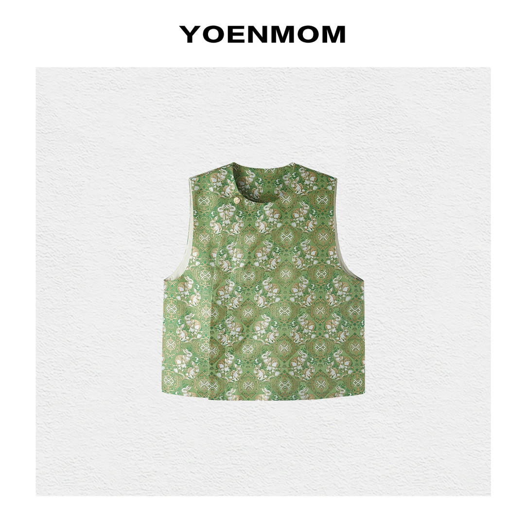 YOENMOM·油画小兔2025早春新品 李德喜四重纬宋锦中式斜襟款马甲