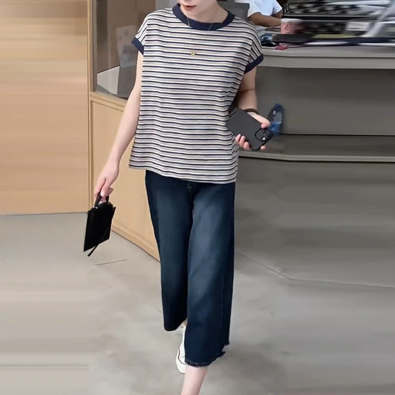 韩系时尚爆款套装2025夏季新简约百搭条纹短袖宽松T恤+牛仔阔腿裤