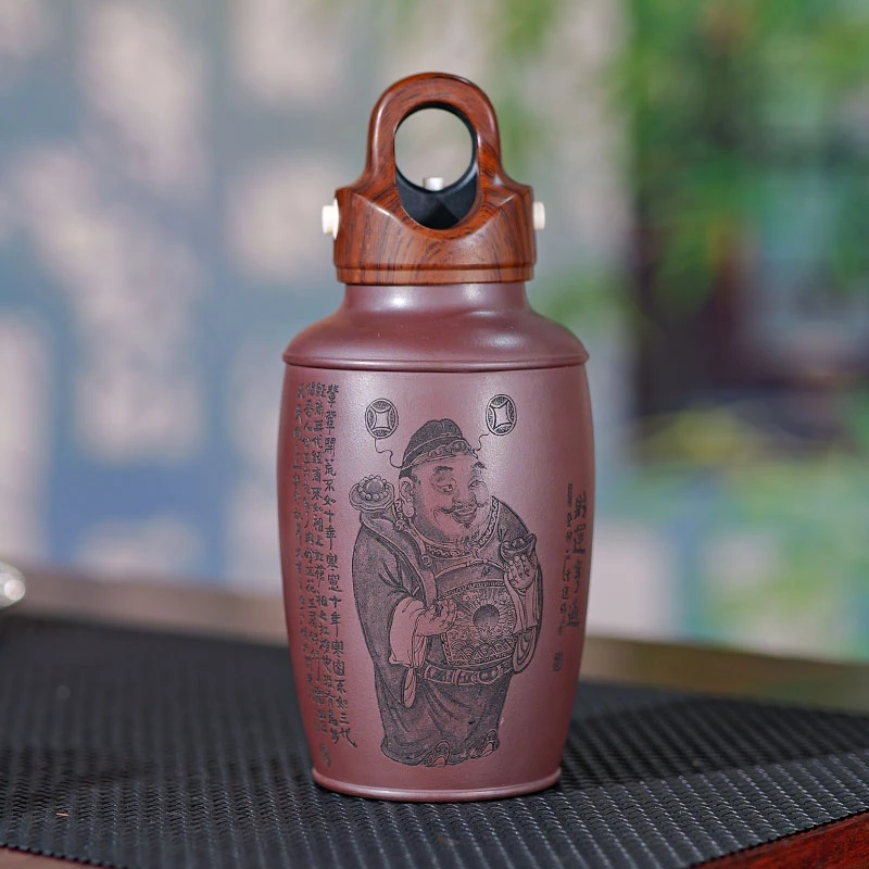 当代 龙血砂刻绘财运亨通双层紫砂水杯原矿紫泥便携净水杯350cc