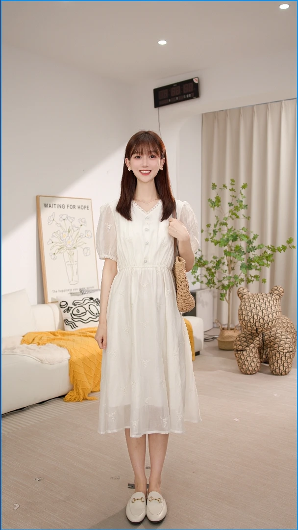 【有里布】法式连衣裙夏季新款短袖百搭温柔风连衣裙D1591