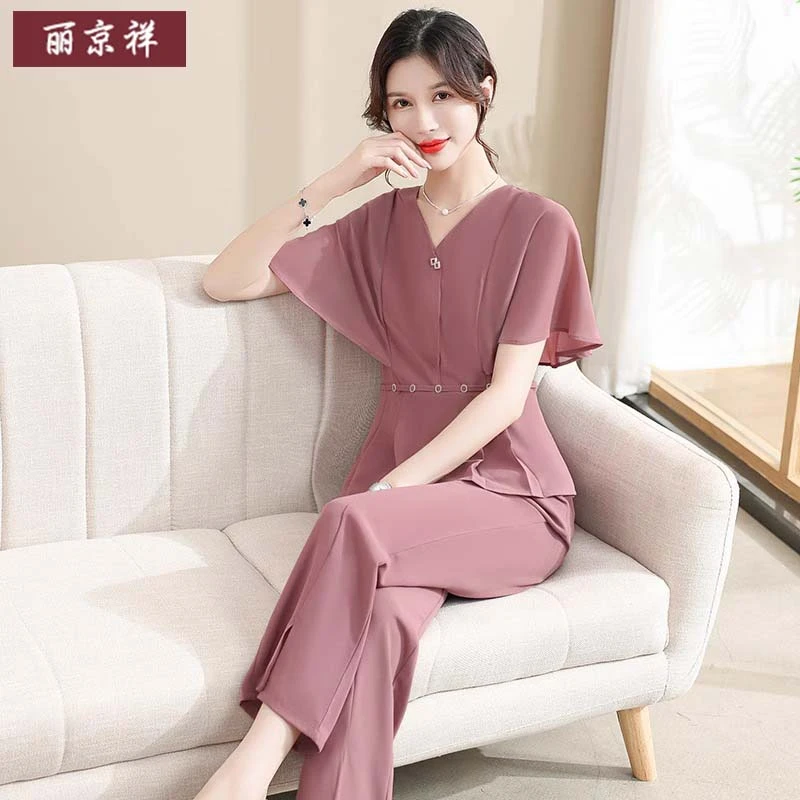 妈妈装夏装2025新款洋气雪纺衫套装短袖上衣两件套夏季中老年女装