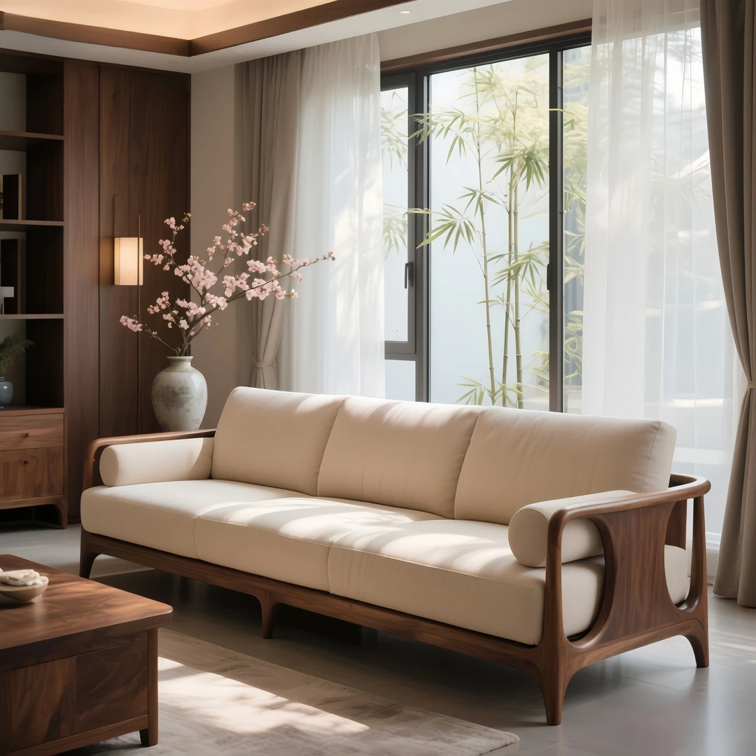 新中式实木沙发办公室接待沙发宋氏北美黑胡桃木客厅直排沙发简约