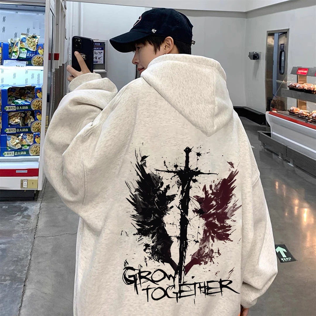重磅加绒加厚连帽卫衣宽松双层帽艺术翅膀男女同款男装秋冬季长袖