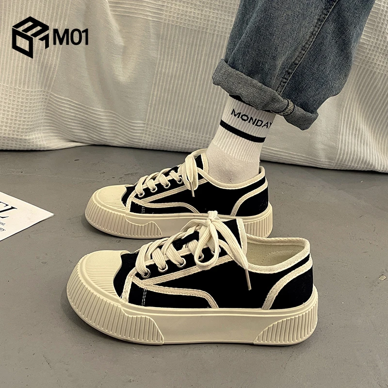 M01爆款厚底小白帆布板鞋女春秋季潮2025新款小众百搭休闲运动鞋