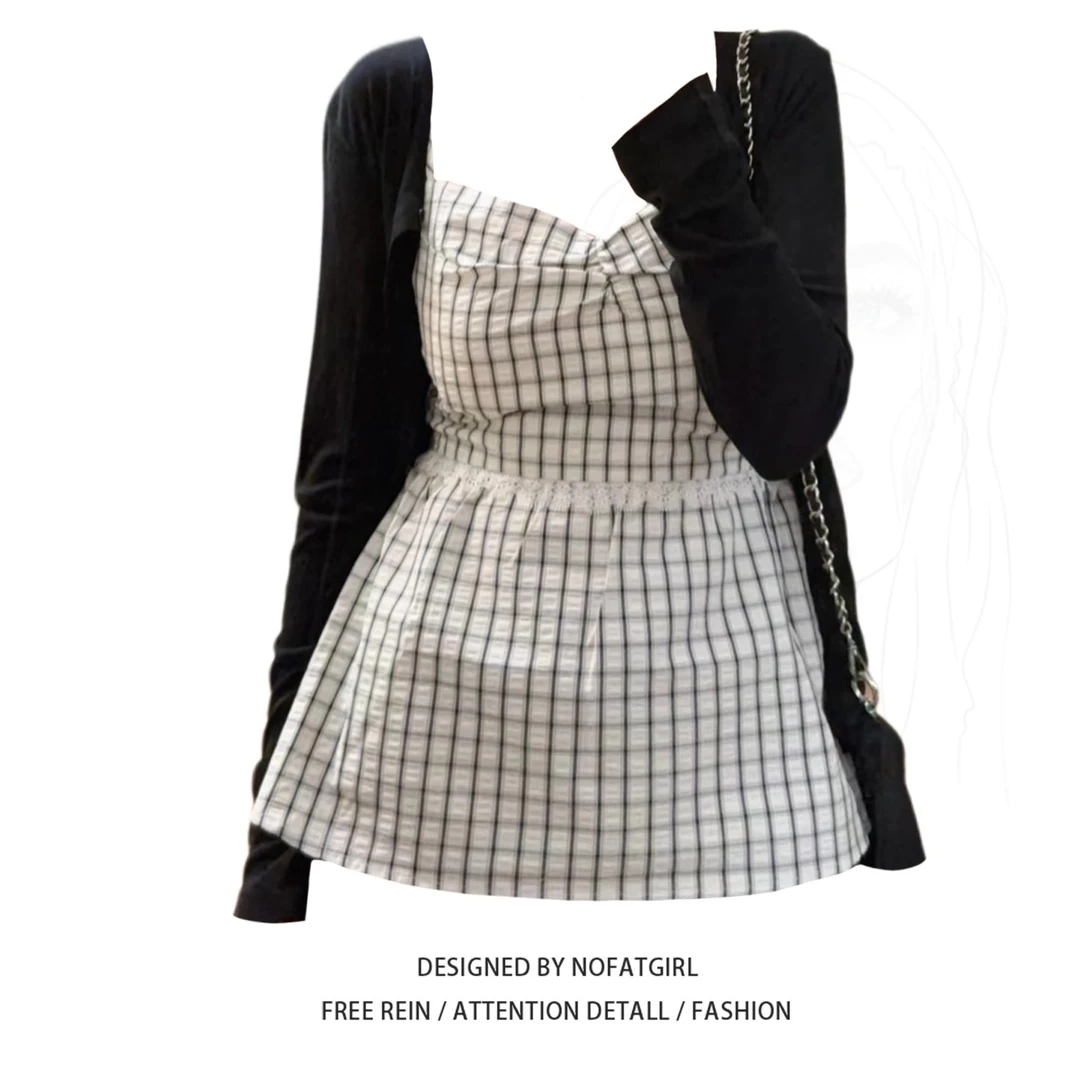 大码胖MM法式复古格纹吊带背心女早秋新款收腰显瘦减龄上衣两件套