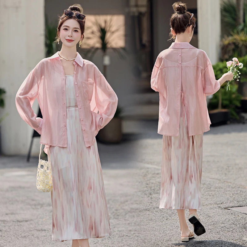 休闲套装2025年新款夏季夏天衣服休闲淑女两件套防晒披肩连衣裙子