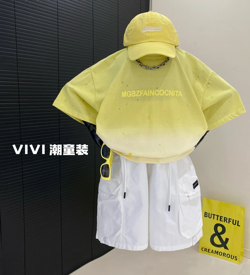 VIVI童装 2025夏季潮牌中大童柠檬黄渐变烧花立体字母短袖T恤